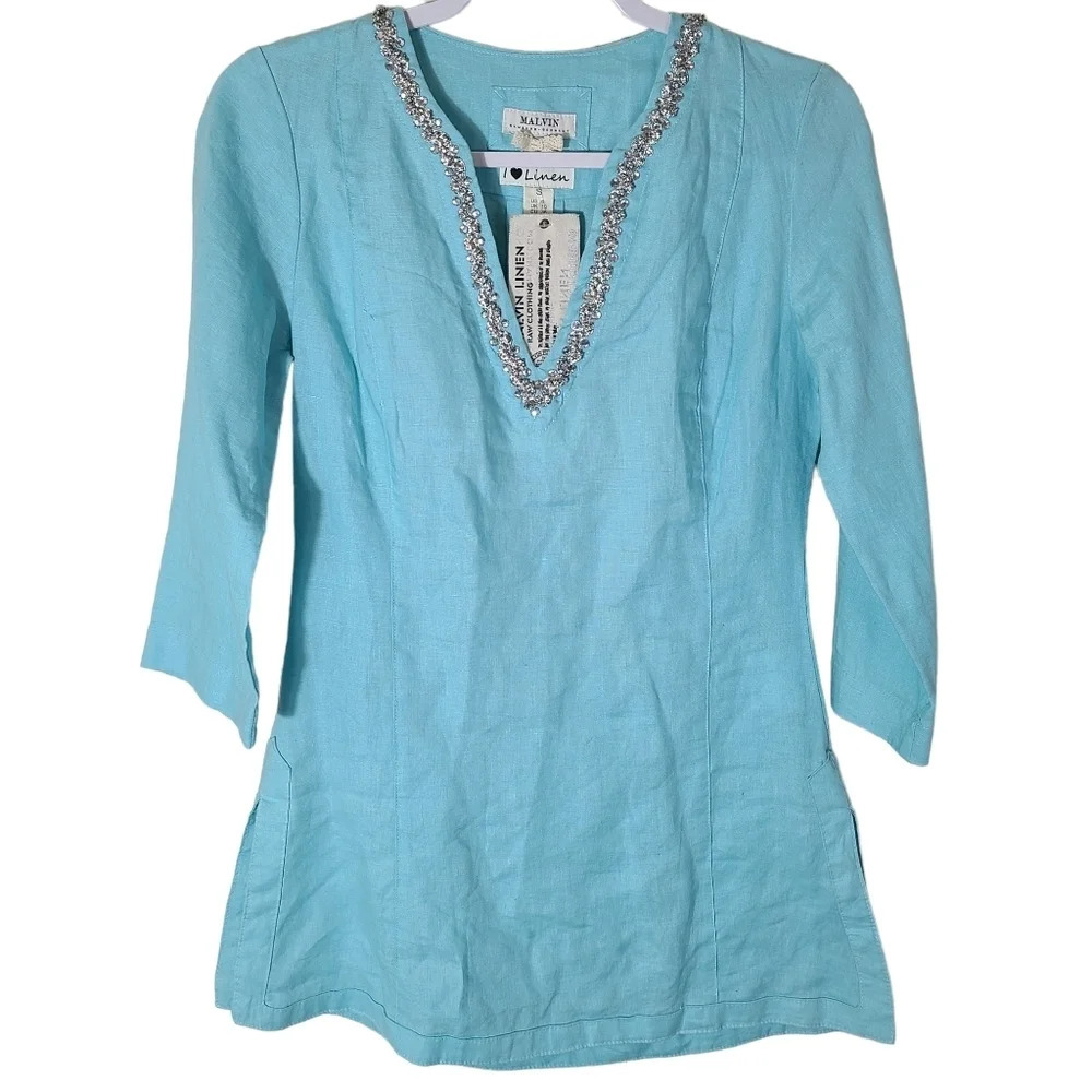 Malvin I Love Linen crystal embellished longline tunic blouse top size Small NEW